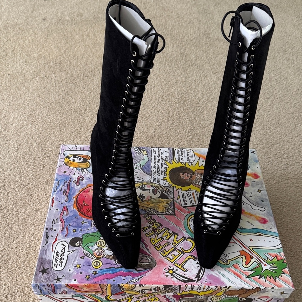 Jeffrey Campbell Black Lace-Up Knee-High Pointed Toe Boots